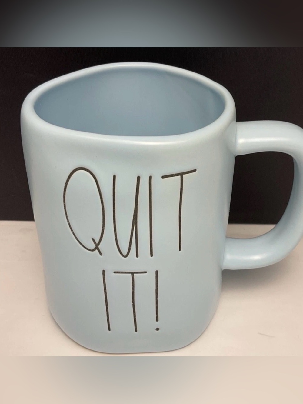 Rae Dunn Artisan Collection by Magenta “Quit It!' Ceramic Mug Blue w/ Black